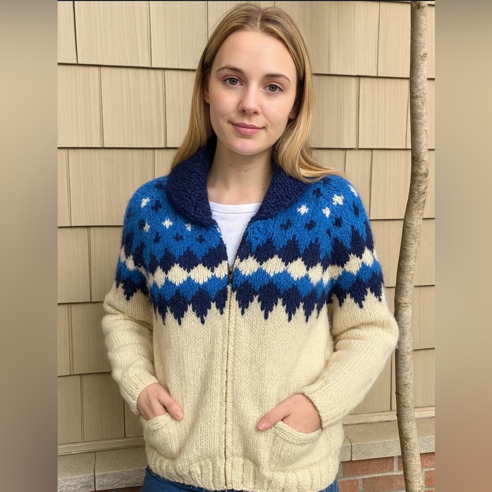 Vintage hand knit curling cowichsn retro argyle zip up sweater